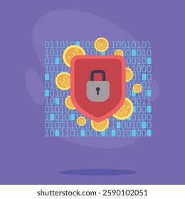 Secure shield with padlock, surrounded by digital coins and binary code. Importance of security in cryptocurrency sector concept