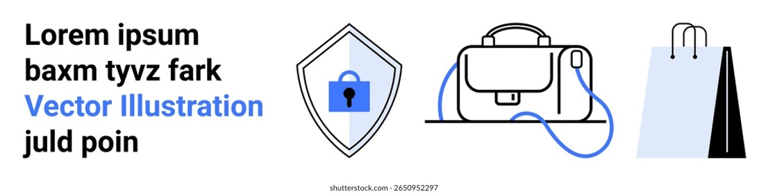 Secure shield with padlock symbol, leather briefcase with strap, and two shopping bags. Ideal for business, safety, ecommerce, retail, security, shopping, and merchandising concepts. Landing page