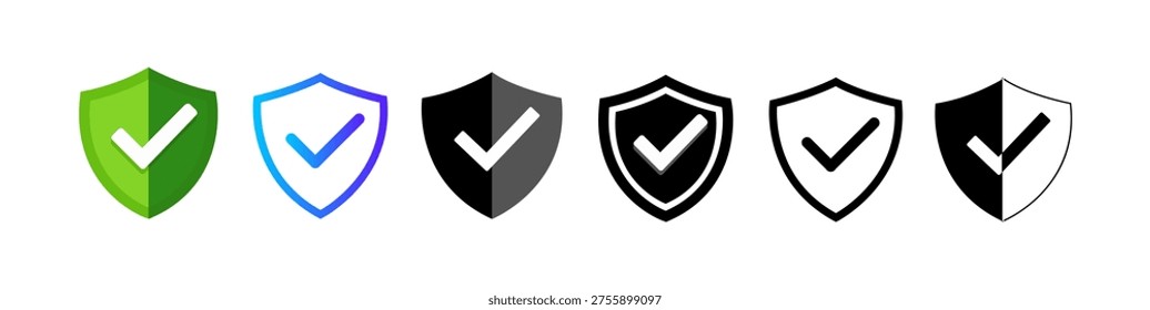 Secure shield tick icon set. Approval, safety and cyber protection concept vectors
