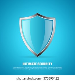 Secure shield vector poster illustration on blue background