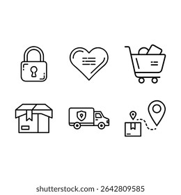 Secure shopping cart delivery icons set line art