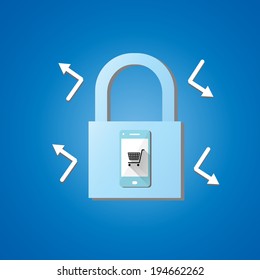 Secure shopping cart icon on steel padlock 