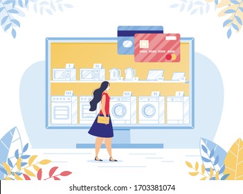 Secure Shopping in Online Electronic Shop on Covid19 Coronavirus Quarantine. Woman in Facemask Choosing Home Appliance in Electronic Shop via Internet. Contactless Payment via Plastic Bank Credit Card