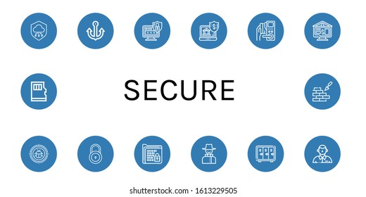 secure simple icons set. Contains such icons as Shield, Anchor, Login, Online banking, Key, Malware, Lock, Encrypt, Detective, Locker, Defendant, can be used for web, mobile and logo