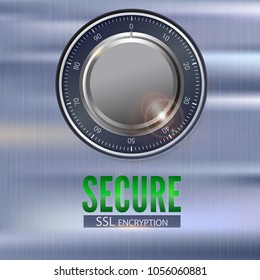 Secure SSL connection 3D illustration with digital lock. Concept security of information and data protected. Safe lock on metal surface with texture. Data encryption technology certificate of privacy.
