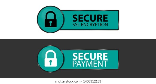 Secure SSL Encryption And Secure Payment Buttons With Padlock - Vector Illustrations - Isolated On Monochrome Background