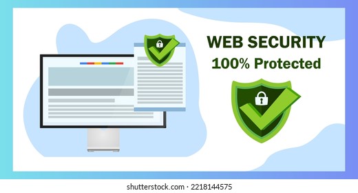 Secure SSL HTTPS TLS encryption banner. Desktop with web browser and safety internet communication protocol that protects security of users data. Concept of online security. Vector.