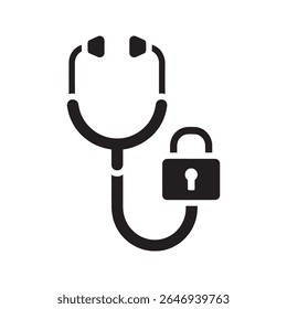 Ícone de estetoscópio seguro com um cadeado para privacidade de dados médicos Um símbolo de glifo representando um diagnóstico médico confidencial e registros protegidos de saúde do paciente