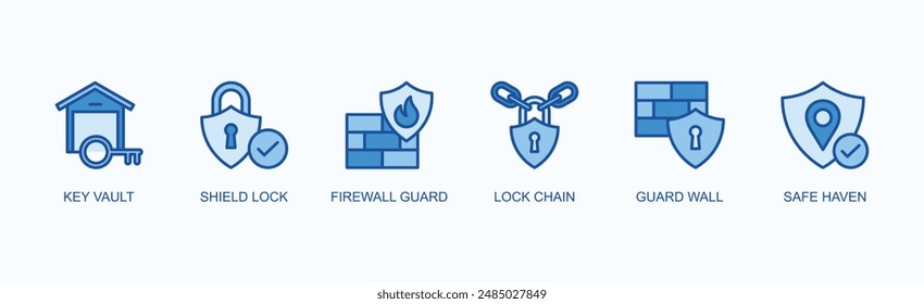 Concepto De Ilustración vectorial De Iconos De Web De Anuncio De Almacenamiento Seguro Con Bóveda De Llave, Cerradura De Escudo, Protección De Cortafuegos, Cadena De Cerradura, Pared De Protección, Refugio Seguro