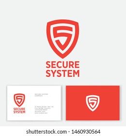 Secure System logo. Orange letter in the shield. S monogram. Emblem of antivirus or protection system. Business card.