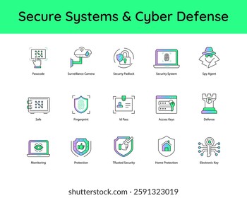 Secure Systems Cyber Defense – Protecting Digital and Physical Assets icons with editable stroke.