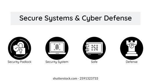 Secure Systems Cyber Defense – Protecting Assets and Digital Information icons with editable stroke.