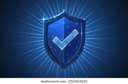 Tecnología segura. Protector de bastidor de alambre poligonal con marca de verificación en azul oscuro. Servicio seguro, protección de datos, protección cibernética, solución antivirus, seguridad en Internet, sistema de cortafuegos, concepto de privacidad