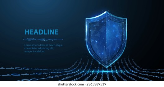 Secure technology. Polygonal wireframe shield with lock sign on dark blue. Secure service, protect data, cyber shield, antivirus solution, internet safety, firewall system, privacy concept