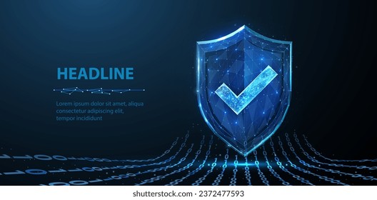 Secure technology. Polygonal wireframe shield with check mark sign on dark blue. Secure service, protect data, cyber shield, antivirus solution, internet safety, firewall system, privacy concept