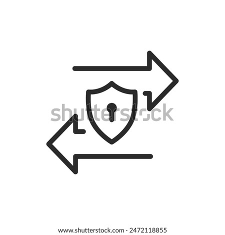 Secure transaction, linear style icon. Secure exchange. arrows surrounding a shield with a lock, secure online transactions and data protection. Editable stroke width.