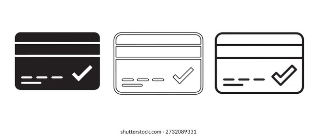 Transacciones Seguras: Una ilustración minimalista de tres iconos de tarjetas de crédito, cada uno mostrando una marca de verificación, simbolizando transacciones financieras exitosas y seguras.