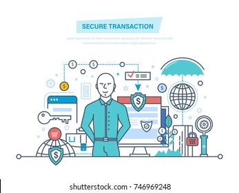 Secure transactions and payments, the guarantee security of financial deposits, transactions and savings deposits. Illustration thin line design of vector doodles, infographics elements.