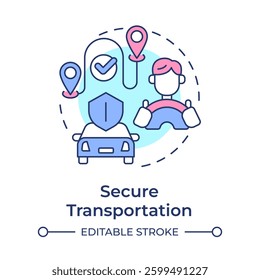 Secure transportation multi color concept icon. Safe journey options. Travel management service. Round shape line illustration. Abstract idea. Graphic design. Easy to use in presentation