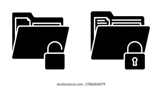 Secure and unsecured file folder icons with padlock security symbols, security