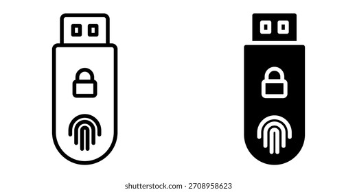 Conjunto de ícones Secure USB. Ilustrações de uma unidade USB com ícones de impressão digital e cadeado, simbolizando segurança de dados e controle de acesso. Útil para tecnologia, segurança e temas de proteção de dados.