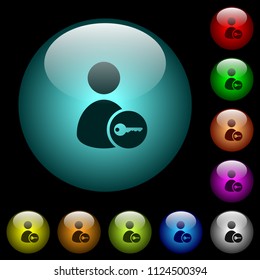 Secure user account icons in color illuminated spherical glass buttons on black background. Can be used to black or dark templates