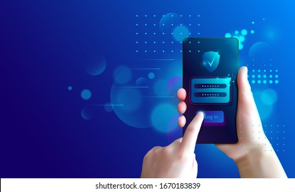 Secure user authentication with mobile phone. Data security. Authorization form and password check. Application login verification. Ultraviolet vector illustration.