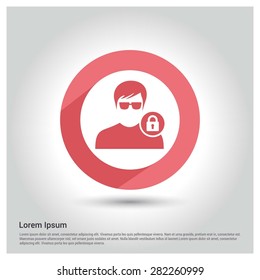Secure User Icon, Circle Long shadow pictogram icon on gray background.