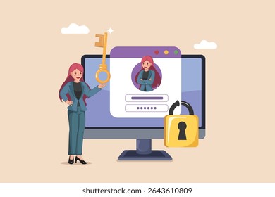Secure User Login and Password Protection: A Woman Ensuring Digital Identity Safety with Key and Lock for Online Accounts.