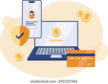 Secure verified payment concept. Safety, confidential data protection, with laptop, card and mobile phone flat illustration. Internet security. For social media, app, web, landing page, infographic