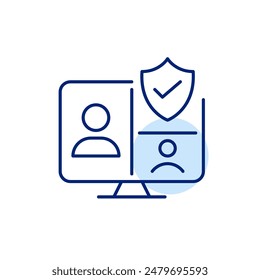 Video Seguro Interfaz de llamada de grupo, escudo y marca de verificación en el monitor de la computadora. Uso confiable y privado de Internet. Icono de trazo perfecto y editable