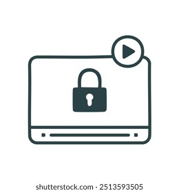 Secure video playback icon. Simple line icon depicting a video player with a lock symbol, representing secure video playback and data protection.