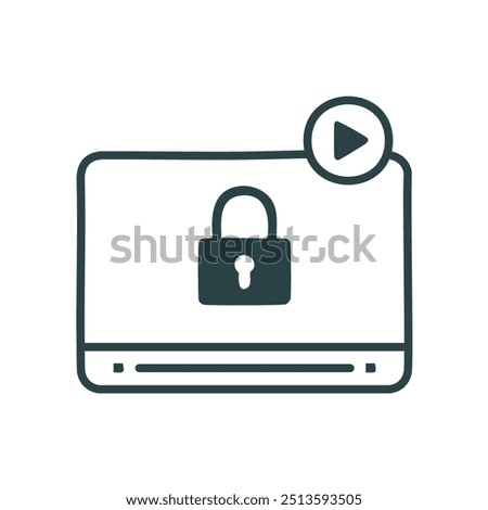 Secure video playback icon. Simple line icon depicting a video player with a lock symbol, representing secure video playback and data protection.