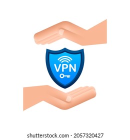 Secure VPN connection concept with hands. Hnads holding vpn sign. Virtual private network connectivity overview. Vector stock illustration.