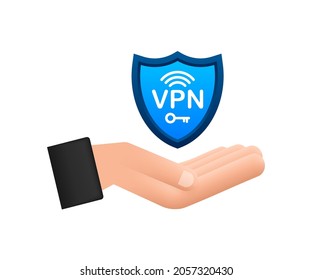 Secure VPN connection concept with hands. Hnads holding vpn sign. Virtual private network connectivity overview. Vector stock illustration.
