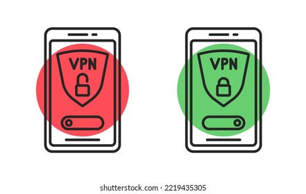 Concepto de conexión VPN segura. Iconos para el servicio VPN ON y OFF. Teléfono con concepto de conexión VPN segura. Acceso privado seguro para servidor wifi. Protección de datos. Ciberseguridad, tráfico web seguro.