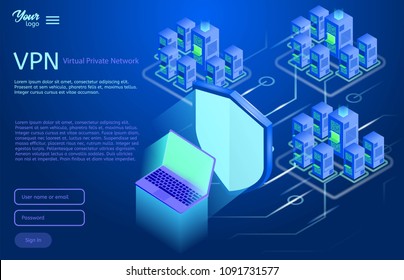 Secure VPN connection concept. Isometric vector illustration in ultraviolet colors. Virtual private network connectivity overview.