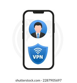 Concepto de conexión VPN segura en smartphone. Información general sobre la conectividad de red privada virtual.  Símbolos de señal de Internet inalámbrica en el escudo de seguridad aislado en el fondo blanco. Ilustración del vector