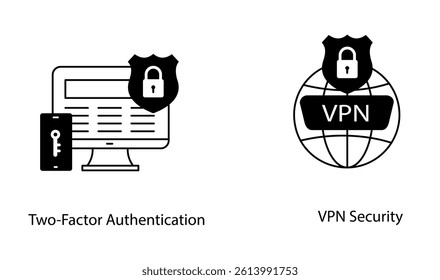 Secure VPN Login Two Factor Authentication Network Safety Icon Set