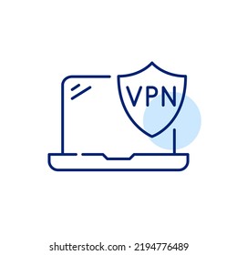 Sicherer VPN-Dienst, der auf einem Laptop verwendet wird. Pixel perfektes, bearbeitbares Strichzeilensymbol