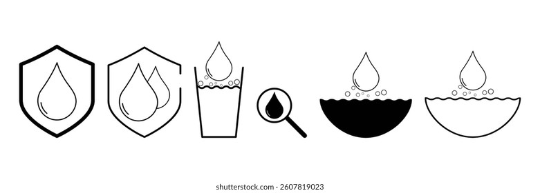 Secure water drop for future icon set. Do not waste liquid, oil sign. Rain, raindrop shape symbol. Raindrop collect umbrella, water glass, oil, blood, tear sign illustration.