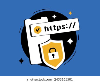 Sicheres Website-Konzept, HTTPS-Vorhängeschloss, SSL-Zertifikat, Internet-Sicherheit, HTTPS-verschlüsselte Verbindung, Online-Datenschutz. Isolierte Vektor-Illustration auf blauem Hintergrund mit Symbolen