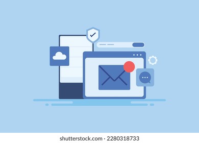 Secure website hosting, Web hosting with web mail services, Website hosted on cloud server - vector illustration background with icons