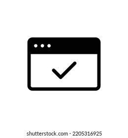 Secure website icon with browser and check mark in black solid style