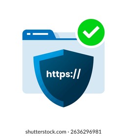 Secure website illustration. browser window with shield and HTTPS text. Concept for SSL encryption, data protection, cybersecurity, safe internet browsing. UI design, landing pages and web security