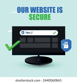 Sitio web seguro. Nuestro sitio web es un banner de anuncio seguro con pantalla de computadora que muestra la barra de búsqueda con https escrito en ella. Banner conceptual de navegación segura y protegida con marca de bloqueo y marca de graduación