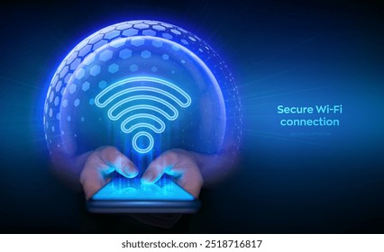 Conexão de rede WiFi segura no smartphone. Ícone de rede Wi-Fi dentro de proteção transparente esfera de proteção com padrão hexágono. Acesso à Internet sem fio Wi-Fi. Cibersegurança. Ilustração vetorial.