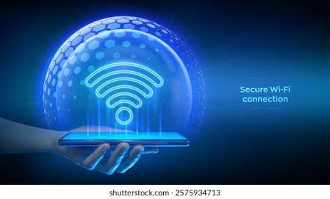 Secure WiFi network connection on smartphone. Wi-Fi network icon inside transparent protection sphere shield with hexagon pattern. Wifi wireless internet access. Cyber Security. Vector illustration.