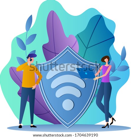 Secure Wi-Fi.People stand near a shield with the Wi-Fi logo.Flat vector illustration in a modern style.