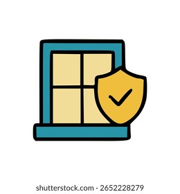 Secure Window Icon with Yellow Shield and Check Mark in Flat Minimalist Style